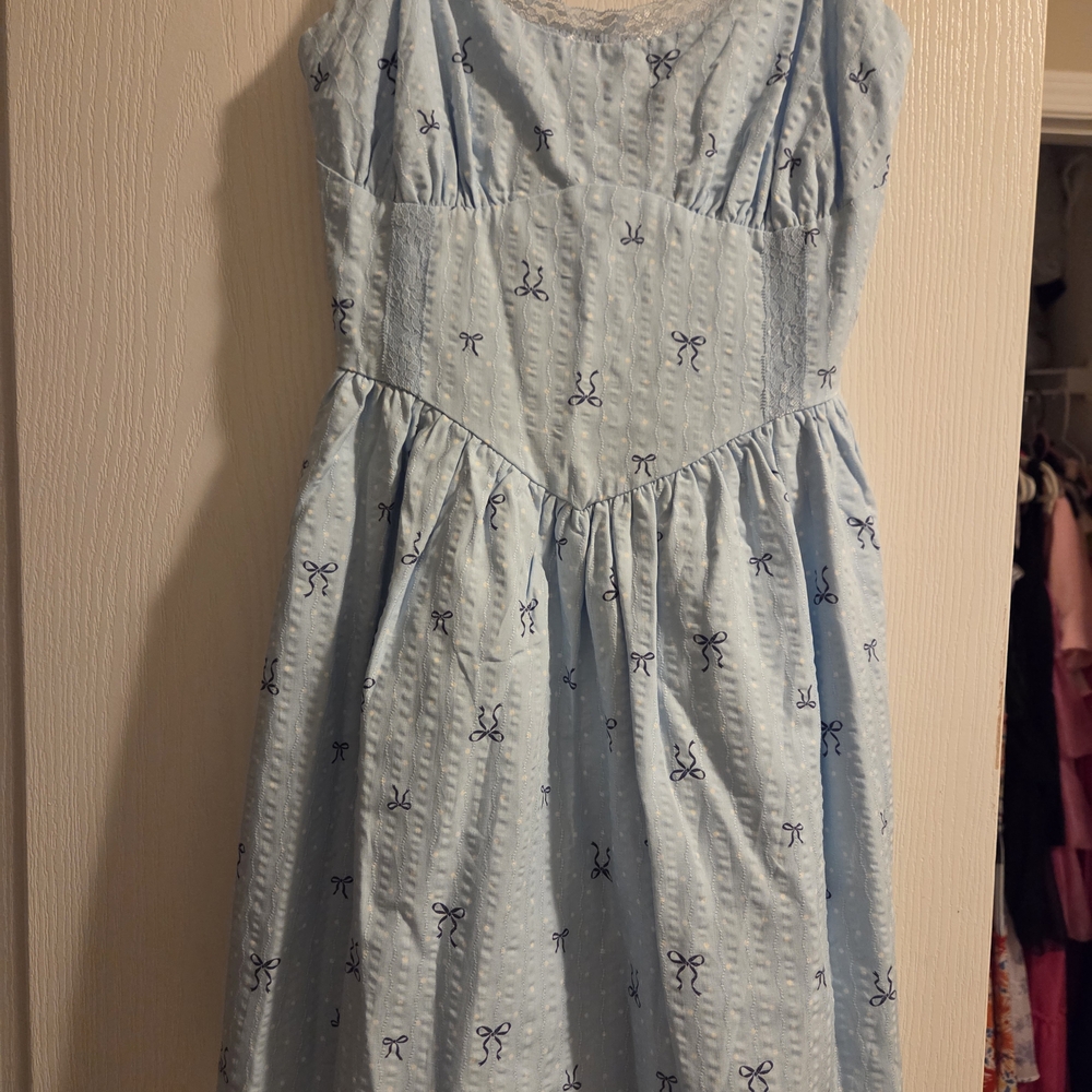 Love,Fire Light Blue Dress with Navy Bow Print Coquette Girly Small Sundress